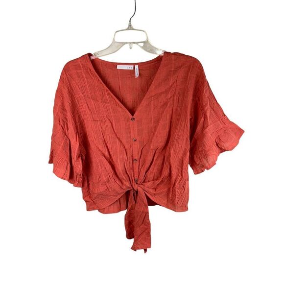 LUQ Rhee Tie Front Top Size Small v neck wrinkle gauze doleman sleeve orange - Picture 1 of 4